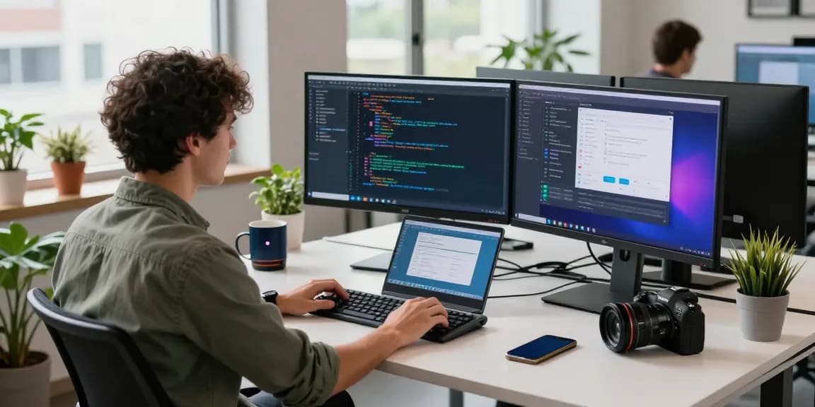 Download Telegram in a modern tech workspace with screens showcasing code and design, reflecting innovation.