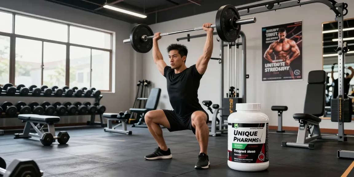 Professionele trainingssessie in de Unique Pharma Steroïden Winkel met gewichten en fitnessapparatuur