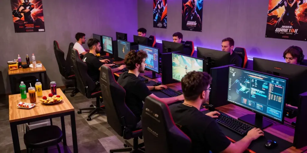 An exciting gaming scene at https://manclub1.jp.net/ with men engaged in online games, showcasing vibrant visuals and high-tech setups.