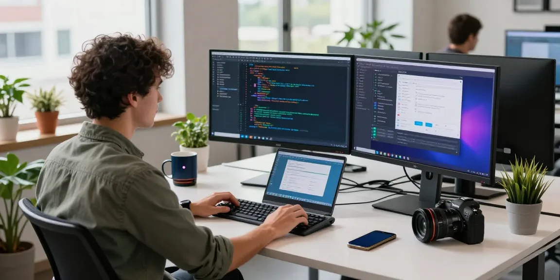 Download Telegram in a modern tech workspace with screens showcasing code and design, reflecting innovation.