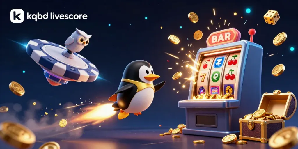 Experience kqbd livescore as the penguin soars towards a casino chip, surrounded by explosive slot machine action.