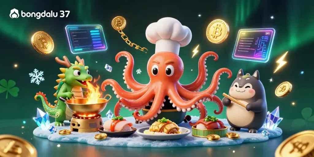 Experience real-time updates with bongdalu 37, featuring an octopus chef, dragon, and tanuki in a vibrant casino scene.