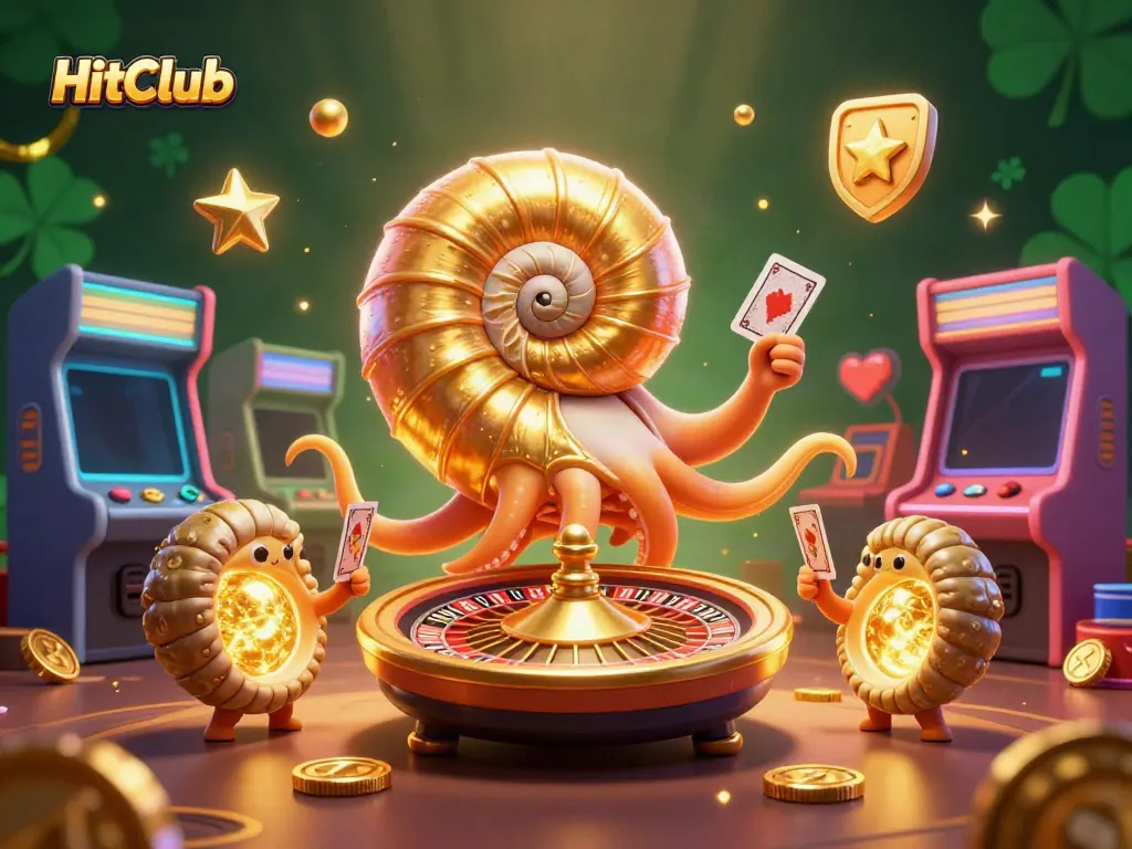 Win big at HitClub with a dynamic scene featuring a nautilus roulette wheel and glowing game elements.