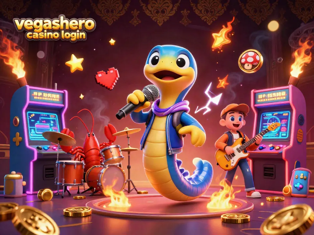 Experience VegasHero casino login with colorful characters and dynamic casino elements in a vibrant 3D illustration.