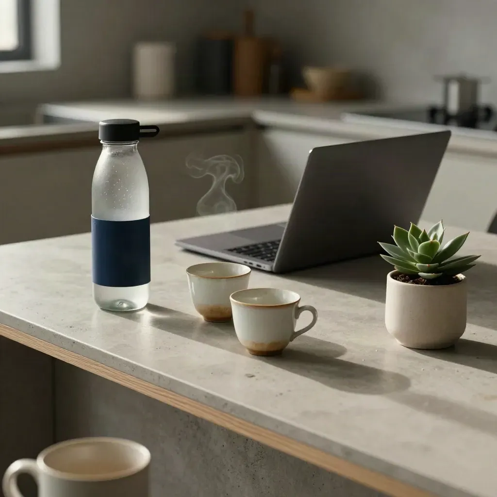 Werkkeuken met waterfles, twee kopjes, gesloten laptop en plant op betonlook tafel.