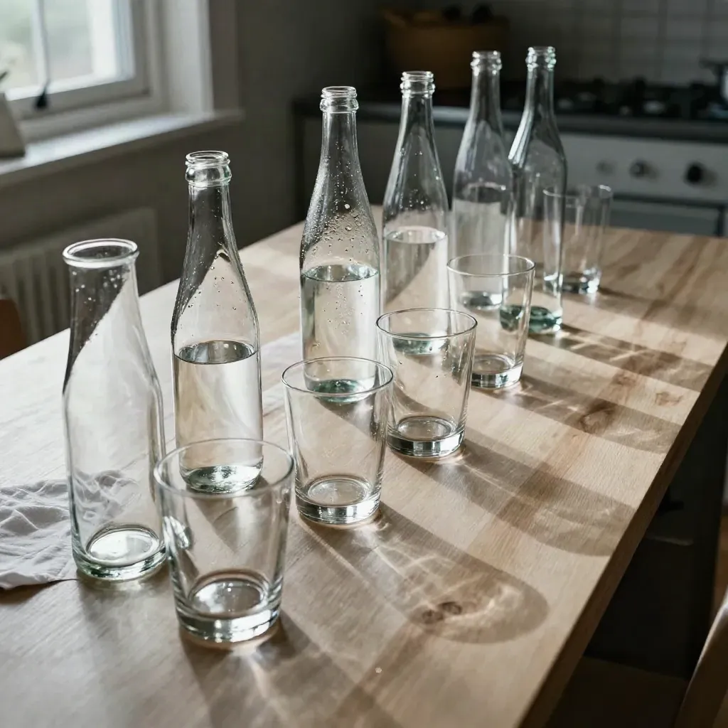 Week aan drinkglazen en waterflessen op een lange keukentafel, van leeg naar halfvol.