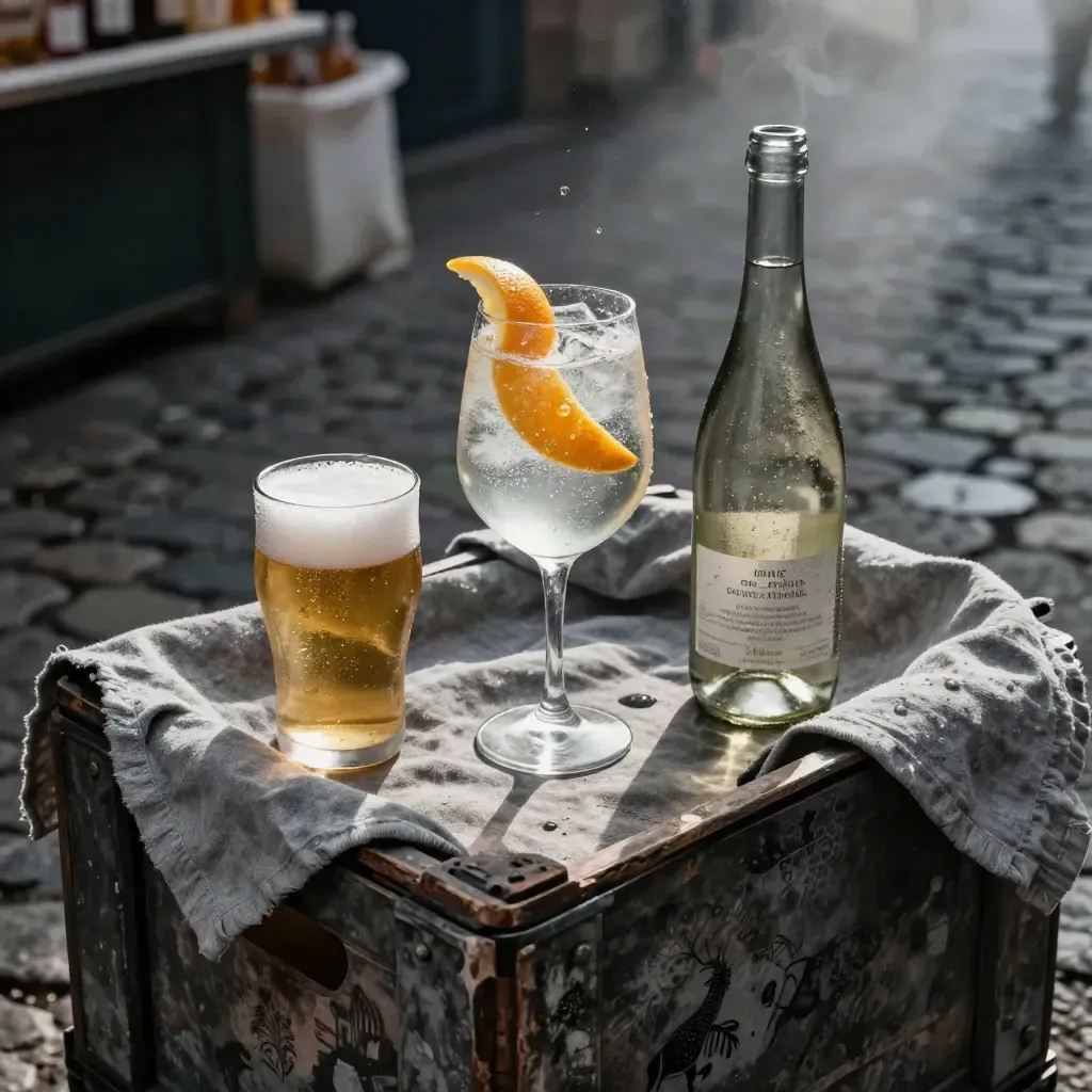 Drie alcoholarme drankjes op een marktkrat bij schemer, met citrus en koud licht.