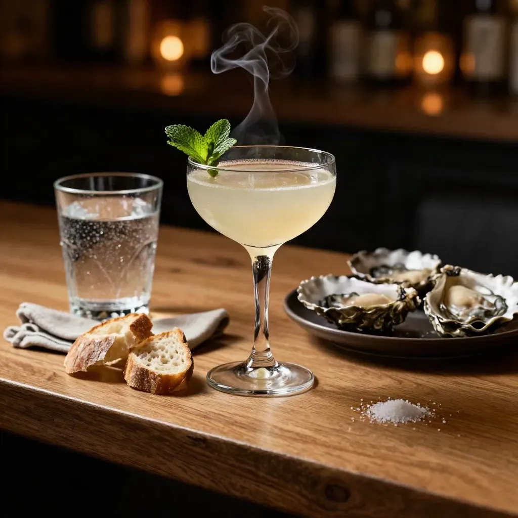 Oestertafel met cocktail, bruiswater en brood in warm restaurantlicht