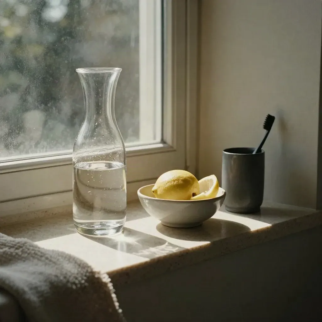 Badkamerplank met karaf water, glas, citroenkom en tandenborstelbeker in zacht ochtendlicht.