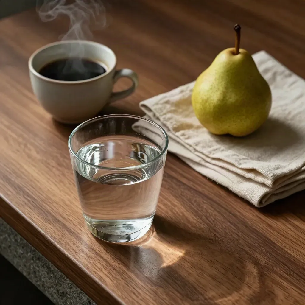 Bovenaanzicht van een glas water naast koffie, een peer en een linnen servet op hout.