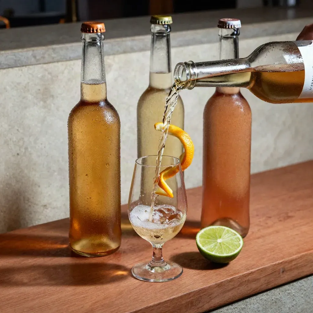 Drie laag-alcoholische flessen, citrus en een proefglas in beweging op een barplank.