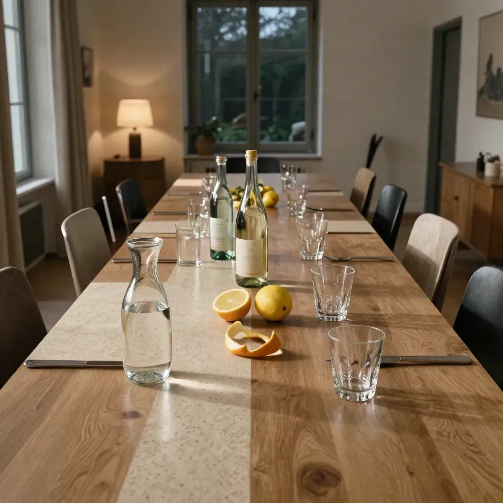Gezellige vergadertafel met bruiswater, alcoholarme flessen en lege stoelen bij avondlicht.