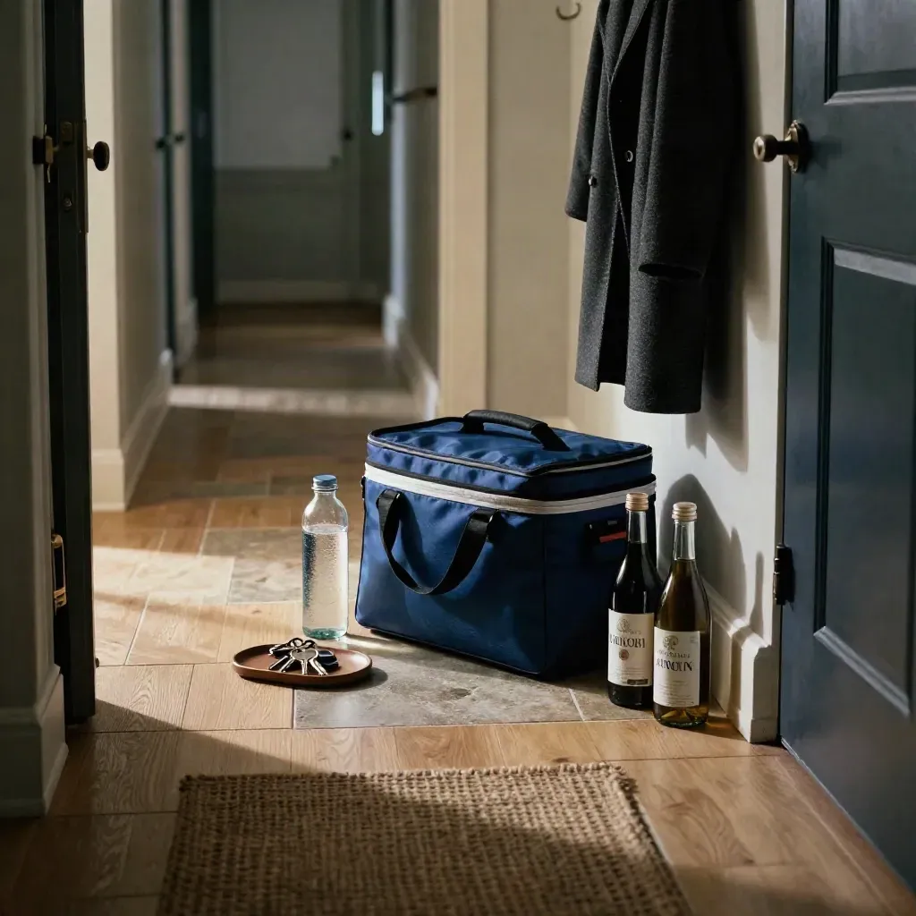 Hal met jas, sleutels, waterfles en koelertas met twee drankopties in fris avondlicht.
