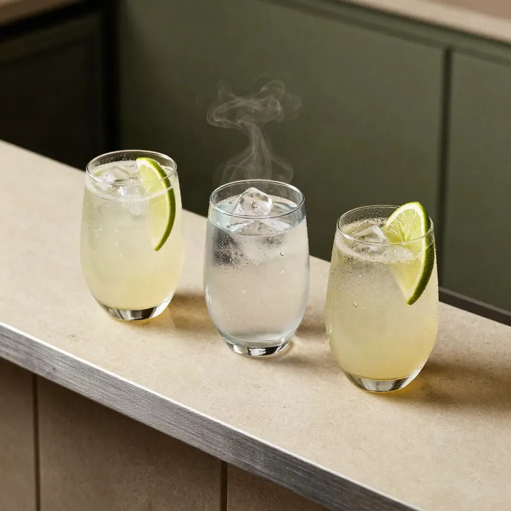 Drie glazen op een bar met water tussen twee lichte drankjes, ijs en limoen, van schuin boven