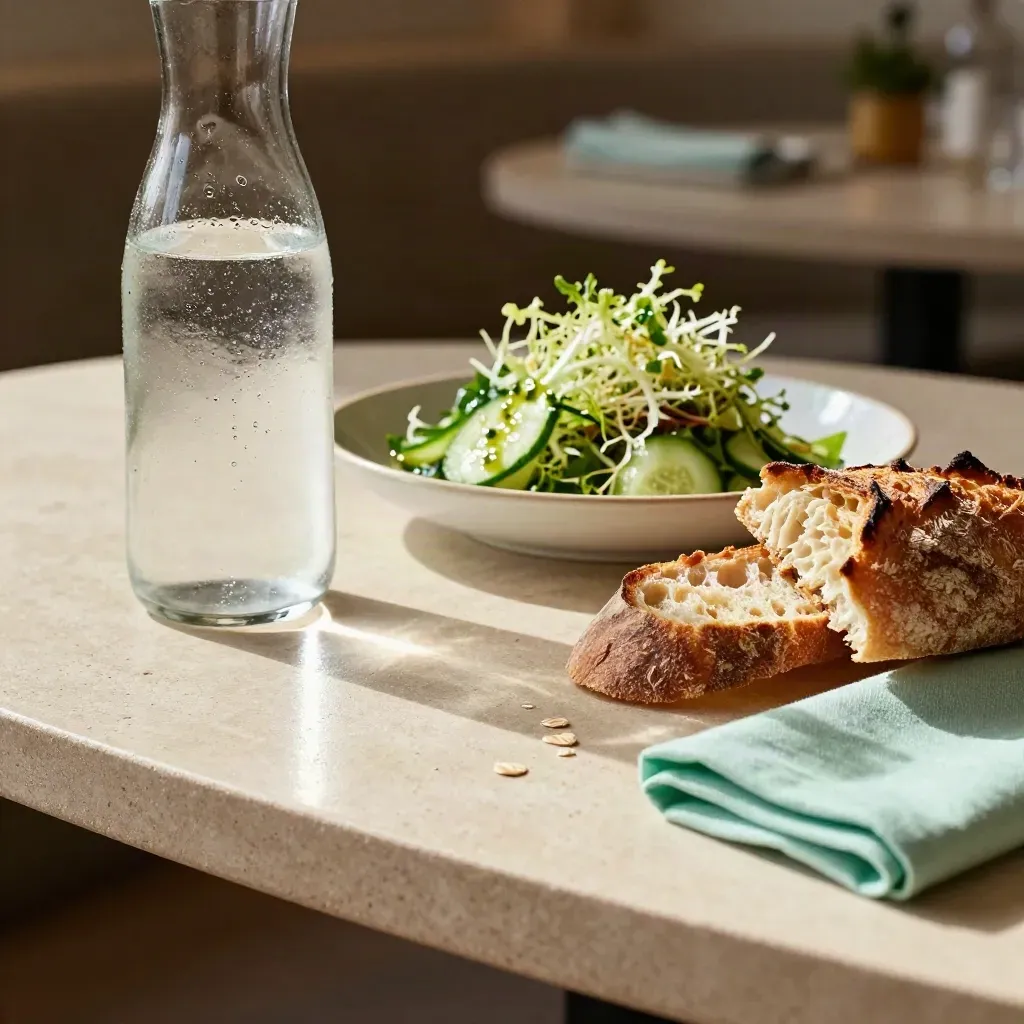 Macro van lunch met mineraalwater, salade, zuurdesem en karaf op linnen in warm daglicht.