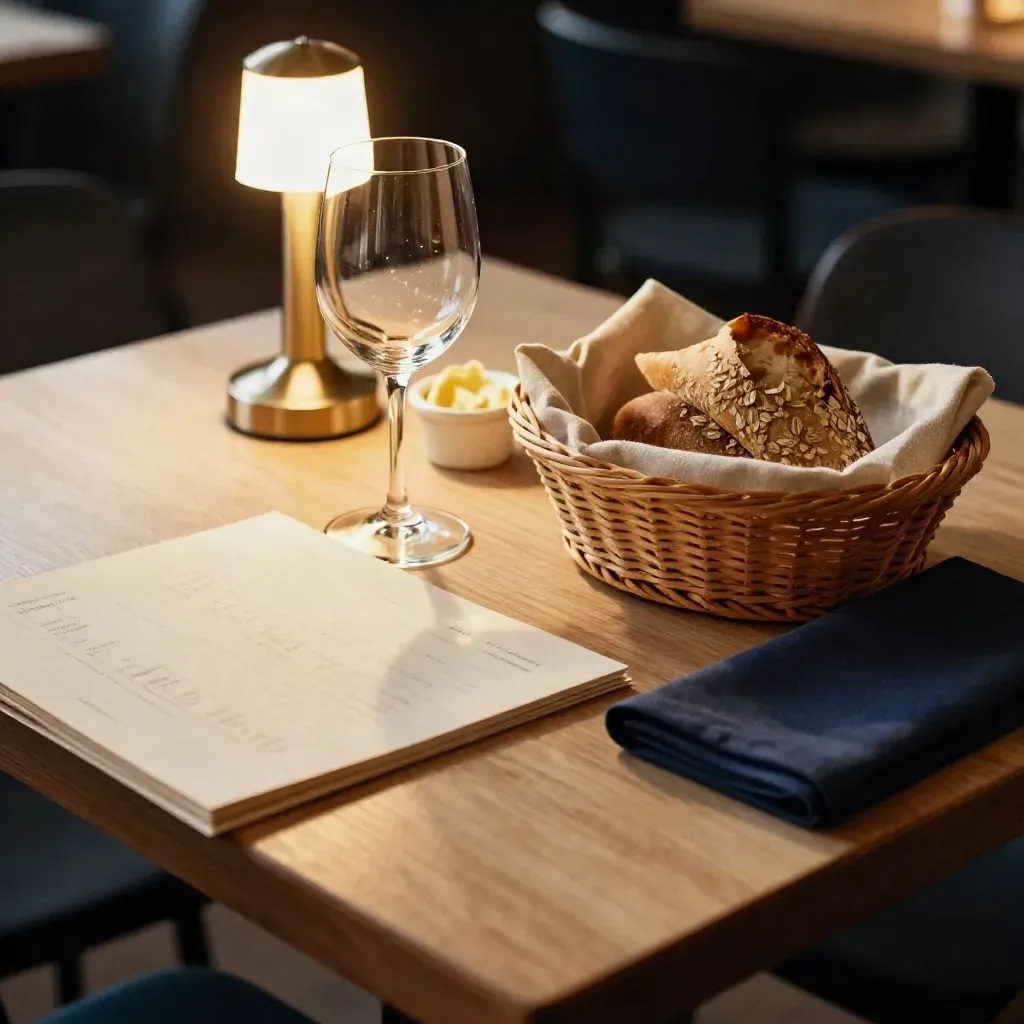 Bovenaanzicht van een restauranttafel met wazige menukaart, wijnglas en broodmand in warm licht