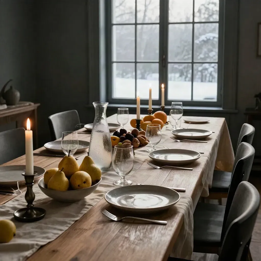 Lange feesttafel met kaarsen, waterkaraf, fruit, noten en rustige serveerschalen in winters licht