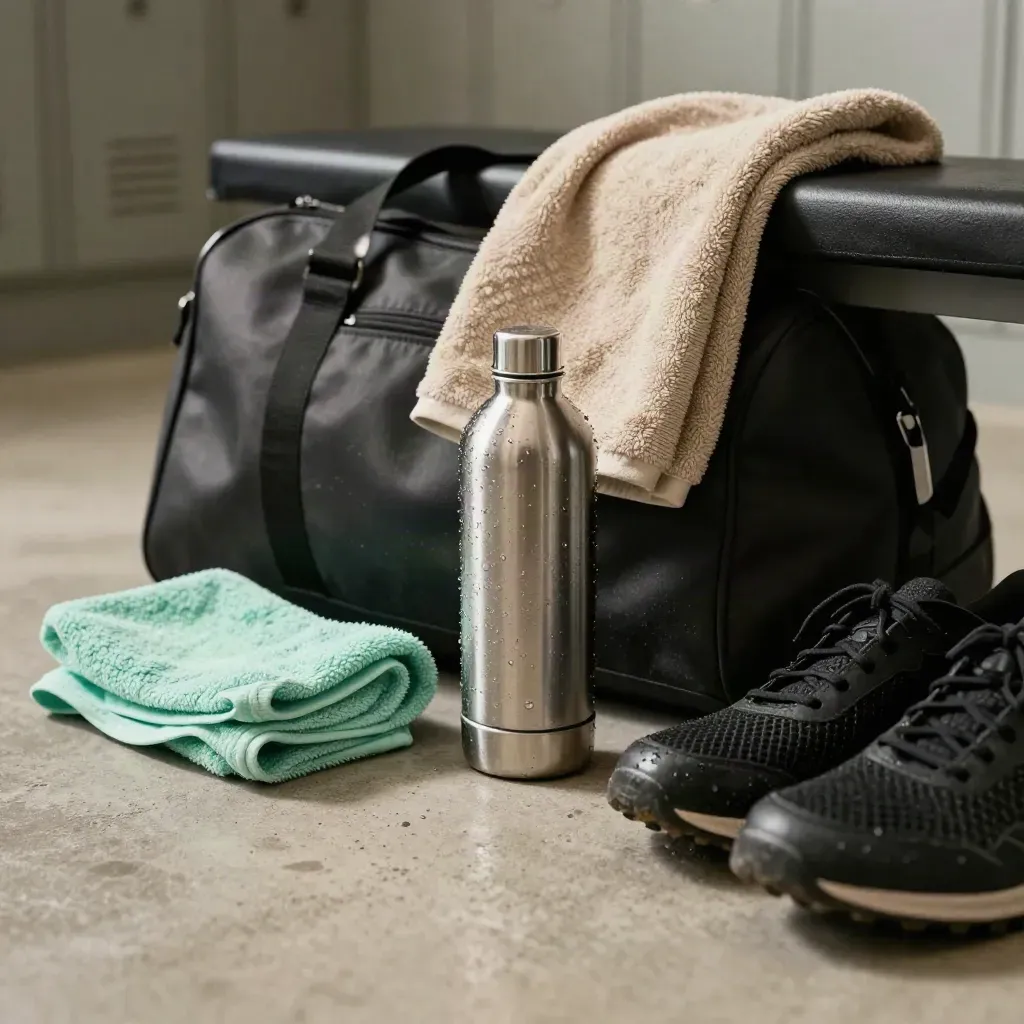 Sporttas, handdoek en waterfles na training op een bankje met warme lichtval