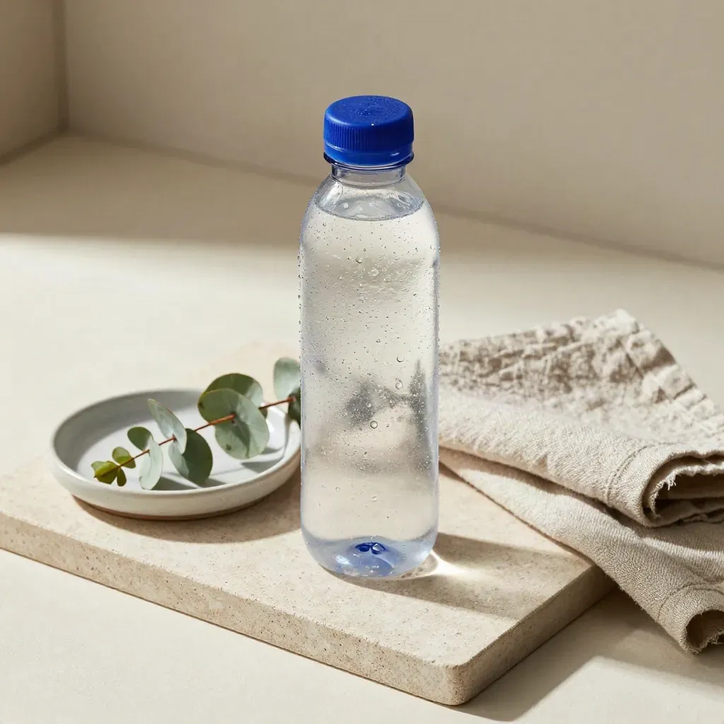 Transparante waterfles met eucalyptus, linnen doek en schaaltje op stenen tray.