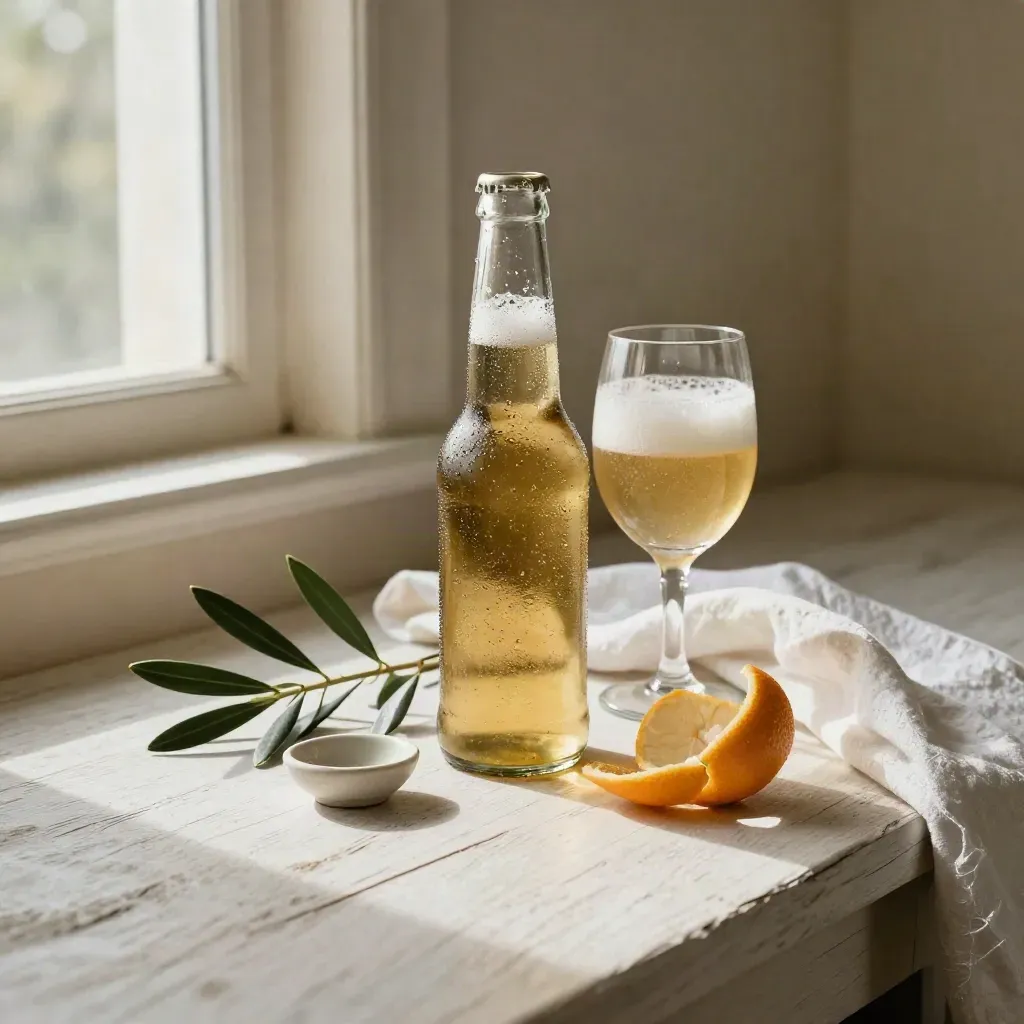 Klein alcoholarm bierflesje naast sprankelglas, citrusschil en olijftak op licht hout.