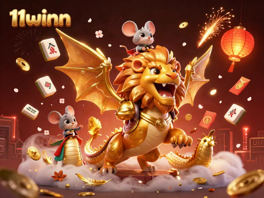 Experience the thrill of 11winn with a bold golden chimera and mouse jockey amid rich casino elements.