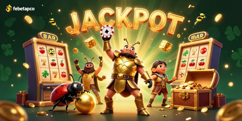 Join the excitement at febetappco with an ultra-detailed 3D illustration capturing a jackpot celebration scene.