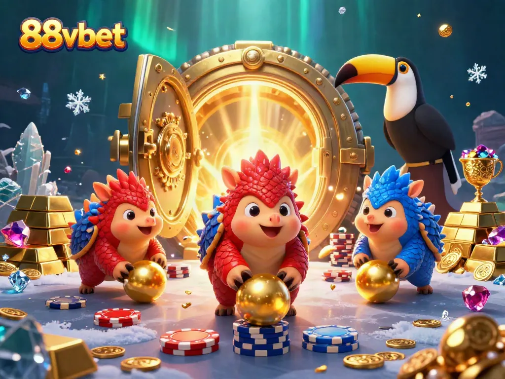 Engage in exciting gameplay with 88vbet as rival pangolins strike golden balls, amidst a dazzling casino scene.