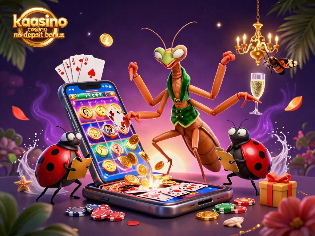 Kaasino casino no deposit bonus featured in a vibrant 3D cartoon scene with festive gaming elements.