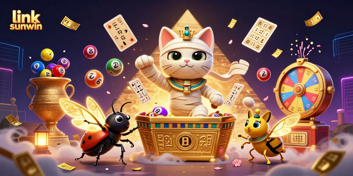Experience thrilling moments with the link sunwin in this vibrant casino scene featuring a mummy cat and rich decorations.
