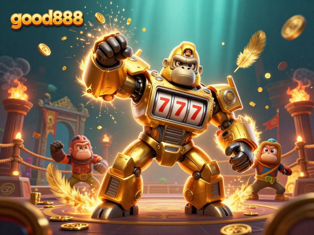 Experience excitement with good888's dynamic 3D golden gorilla mech blasting coins in an immersive casino scene.