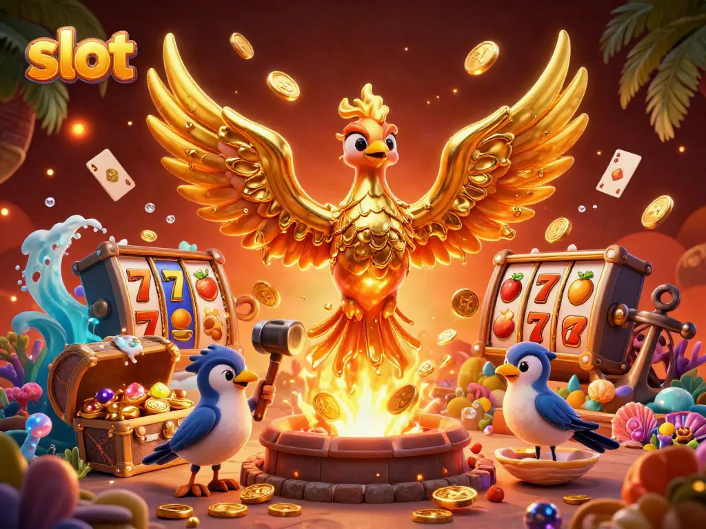 Capture the excitement of slot gaming with a golden phoenix emerging in a vibrant casino scene.